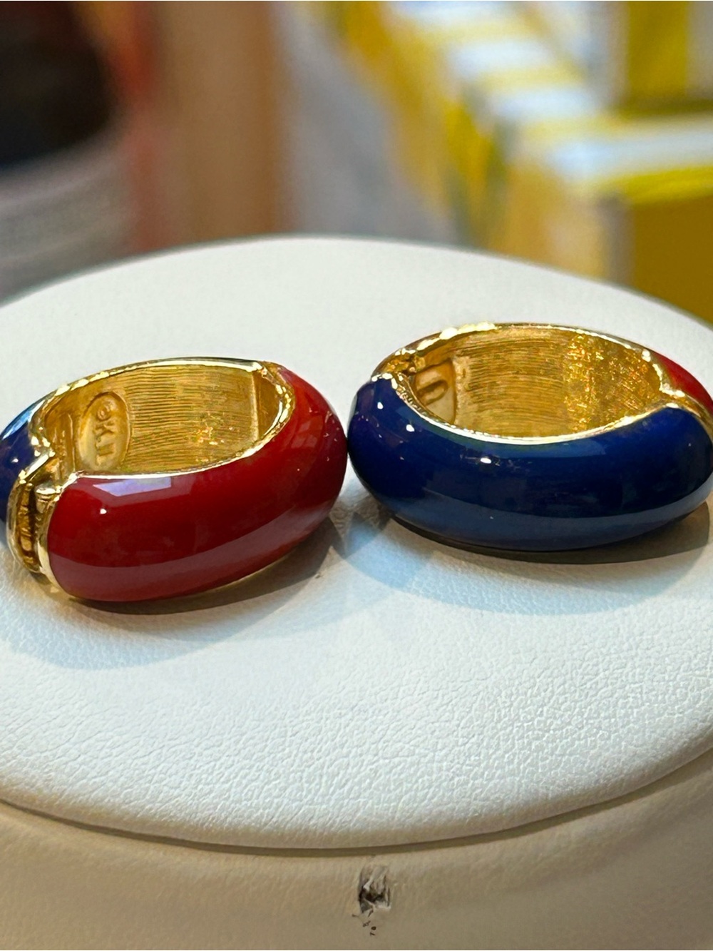 Vintage Kenneth Jay Lane Red Navy Gold-Tone Enamel huggie reversible Earrings